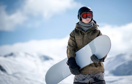 A young person stands confidently on a snowy slope, holding a snowboard. They wear a helmet and goggles, dressed warmly for cold weather, surrounded by majestic mountain scenery.の素材