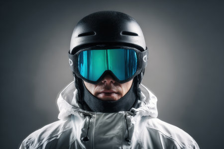 A skier wears a black helmet and mirrored goggles, bundled in a white winter jacket with a high collar, ready for an adventure in the snowy slopes before sunrise.の素材