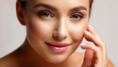 A young woman smiles softly while touching her face, surrounded by soft light that highlights her smooth skin and natural beauty. The scene conveys warmth and elegance.の素材