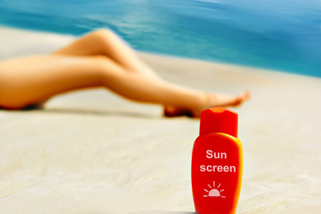 Bottle of sun block and female applying creme on leg on beach
