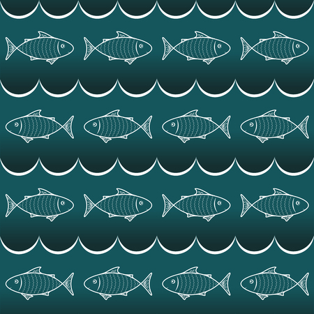 Vector fishes and waves on blue seamless patternのイラスト素材