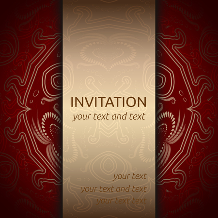 Invitation card in red and gold with rich ornaments. Square card layout with classic golden pattern and gold ribbon. Vector template for Invitation, save the date, banner, brochure, poster.の写真素材