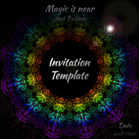 Vector invitation template with round pattern in rainbow color on black background The greeting card with round frame for text Black card template for banner, brochure poster Square vector card layoutのイラスト素材