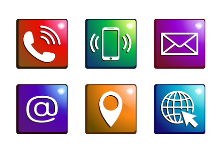 Contact icons on color buttons in flat style. Telephone, mail, mobile phone, email, adress and web icon set isolated on white background. Color contact symbols. Abstract icon set. Vector illustrationの写真素材