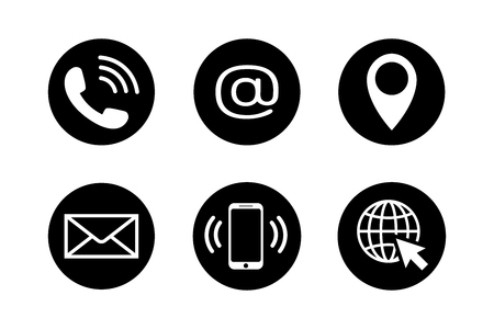 Contact icons in black circles in flat style. Telephone, mail, mobile phone, email, location and web icon set isolated on white background. Contact symbols. Abstract icon set. Vector illustrationのイラスト素材