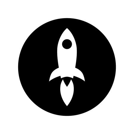 Rocket launch icon in white on black circleの写真素材