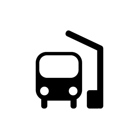 Bus station icon in black. Simple black bus symbol in flat style isolated on white background. Simple bus vector abstract icon for web site design or button to mobile app. Vector illustration.のイラスト素材