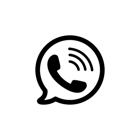 Telephone Icon. Black phone symbol in bubble in flat style. Ringing phone sign isolated on white background. Simple vector telephone abstract icon for web site design or button to mobile app.のイラスト素材