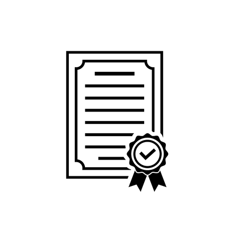 Vector certificate icon with rosette and check. Black achievement symbol in flat style isolated on white background. Award, grant or diploma symbol. Simple icon for web site design or button to app.のイラスト素材