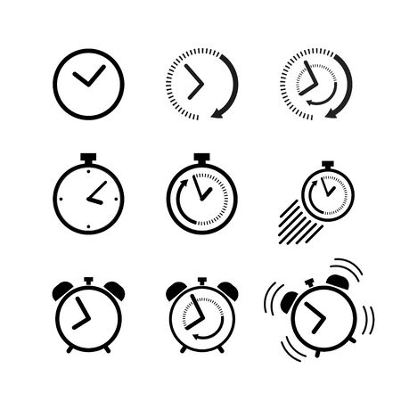 Clock icon set. Alarm clock, ringing alarm clock, clock deadline. Wake up or get up concept. Time sign isolated on white background in flat style. Vector illustration for graphic design, Web, UI, app.のイラスト素材