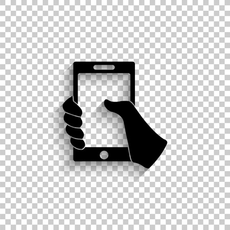 Mobile phone in hand - black vector  icon with shadowのイラスト素材