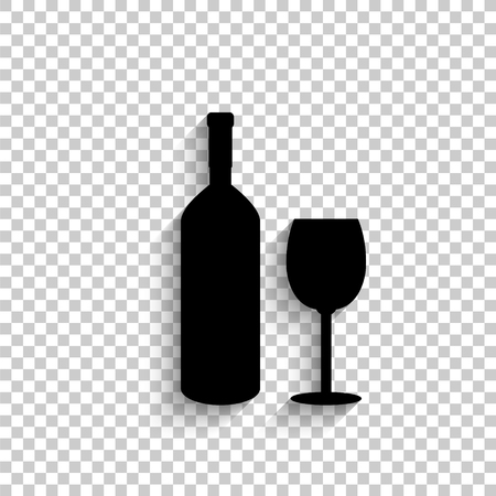 Bottle of wine and glass - black vector  icon with shadowのイラスト素材