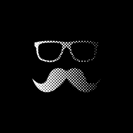 Nerd glasses and mustaches - white vector icon;  halftone illustrationのイラスト素材