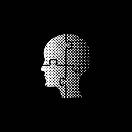 People head with puzzles elements - white vector icon;  halftone illustrationのイラスト素材