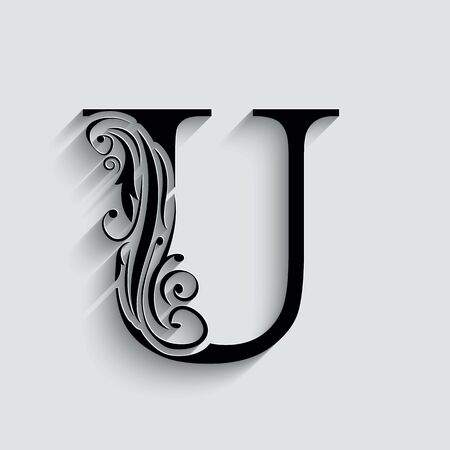 letter U.   Black flower alphabet.  Beautiful capital letters with shadowのイラスト素材