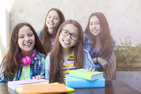 Portrait of two diligent girls looking at camera at workplace with schoolgirls on backgroundの写真素材