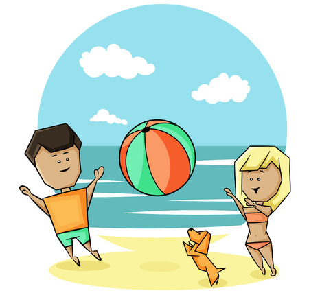 couple of young people playing ball on the beachのイラスト素材