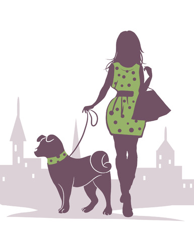 vector schematic drawing of a girl with a dogのイラスト素材