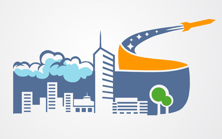 Vector science illustration of rocket over the city skyscrapersのイラスト素材