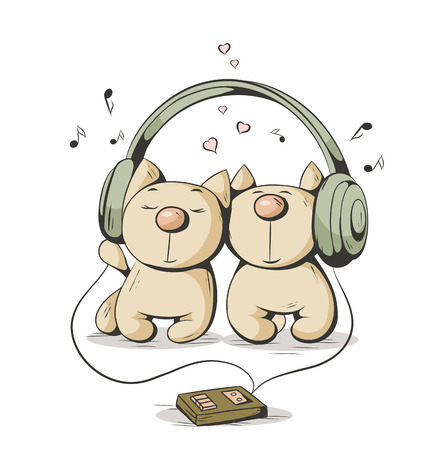 Two cartoon cat listening to musicのイラスト素材