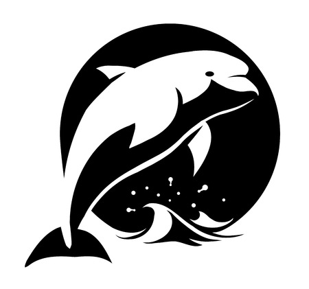 black and white vector illustration of a dolphin above waterのイラスト素材