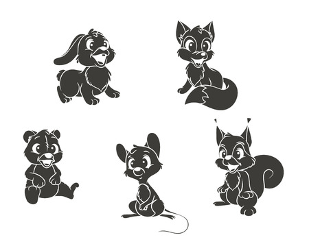 Vector black and white set of cartoon animals on a white backgroundのイラスト素材