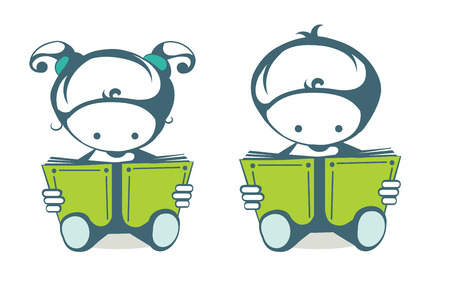 illustration of a boy and a girl reading a bookのイラスト素材