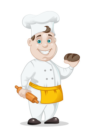 chief-cooker with bread and rolling-pin isolated on white background, vector illustrationのイラスト素材