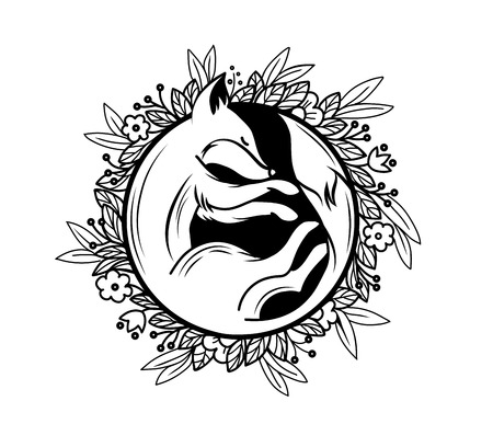 Black and white illustration of a sleeping foxのイラスト素材