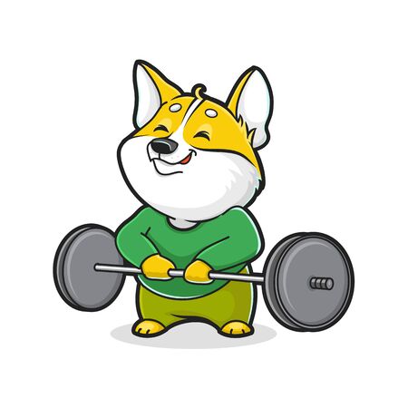 Illustration of a corgi dog with a barbell in cartoon styleのイラスト素材
