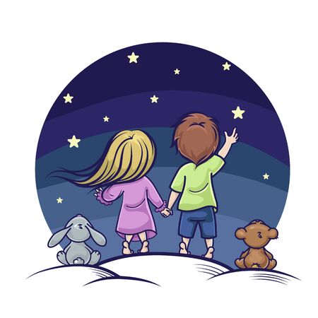 Vector image of a boy and a girl on a starry sky backgroundのイラスト素材