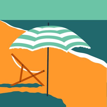 beach umbrella, deck chair, sand, coastline. Relax on the beach. Resort. Summer time. Bright colorful vector illustration in a flat style.のイラスト素材