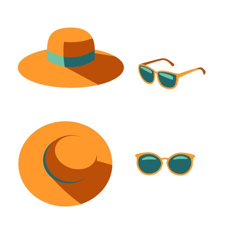 Yellow blue hat and sunglasses in diffrent views isolated on white background. Top view. Casual clothes style for sun protect. Fashion accessories. Vector Illustrationのイラスト素材