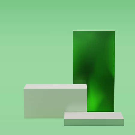 White blocks podium on a green background with green glass cube, studio. For product display, exhibition, show. Minimal scene. Vector 3d realistic illustrationのイラスト素材