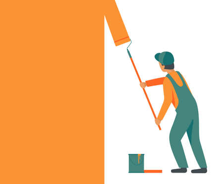 Man in overalls, working uniform with a roller paints, repaints the wall in orange color.のイラスト素材