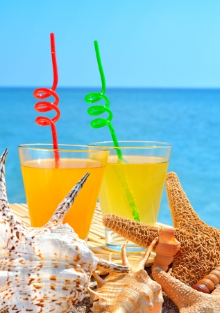 Fishstar, shells and two glasses of orange cocktail against the blue seaの写真素材