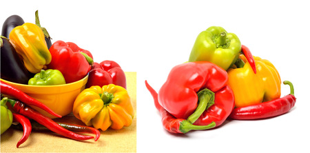 Sweet pepper, aubergine, chilli pepper in the plate isolated on white. Collageの写真素材