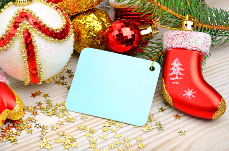 Christmas baubles, pine twig, card for text, pine twig, confettiの写真素材