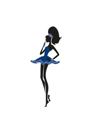 Elegant female silhouette of black in a bright lush short dress, decorated with flowers, on a white background, can become an ornament of postcards, fabrics, prints, designs and posters, creative templateの写真素材
