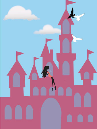 Elegant silhouette of a girl in a bright dress on a blue background, sitting in the castle window, ideal for greeting cards, creative templates and designsの写真素材