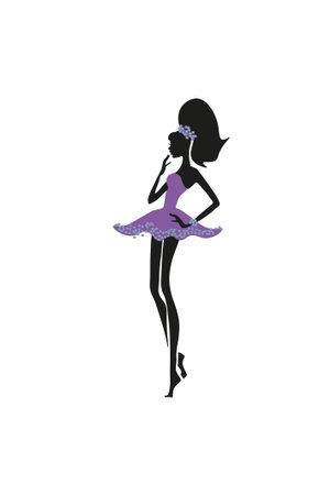 Elegant female silhouette of black in a bright lush short dress, decorated with flowers, on a white background, can become an ornament of postcards, fabrics, prints, designs and posters, creative templateの写真素材