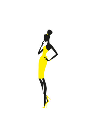 Black silhouette on white background, beautiful graceful girl in strict dress with high hairstyle, ideal for invitations, postcards, posters and cards, can be an excellent decor for textiles, fabrics, prints, designs.の写真素材