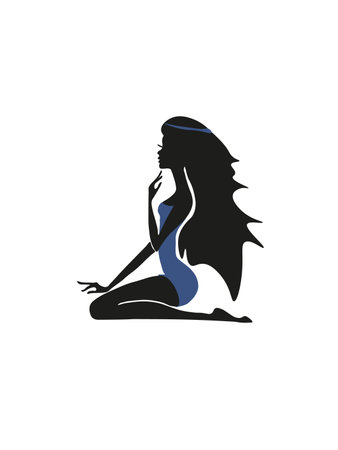 Graceful sitting silhouette of a girl of black color, on a white background, ideal for greeting cards, invitations, fabrics, prints, drawings and posters, creative templateの写真素材