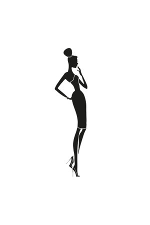 Black silhouette on white background, beautiful graceful girl in strict dress with high hairstyle, ideal for invitations, postcards, posters and cards, can be an excellent decor for textiles, fabrics, prints, designs.の写真素材