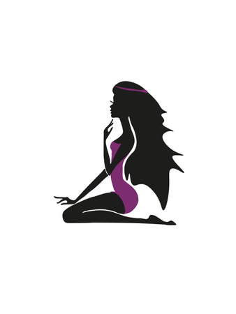Graceful sitting silhouette of a girl of black color, on a white background, ideal for greeting cards, invitations, fabrics, prints, drawings and posters, creative templateの写真素材