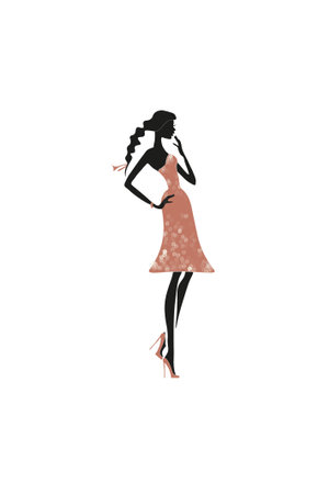 Graceful female silhouette of black color in a bright dress decorated with flowers, on a white background, can become an ornament of postcards, fabrics, prints, designs and posters, creative templateの写真素材