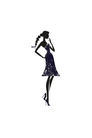 graceful female silhouette of black color in a bright dress decorated with flowers, on a white background, can become an ornament of postcards, fabrics, prints, designs and posters, creative templateの写真素材