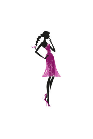 Graceful female silhouette of black color in a bright dress decorated with flowers, on a white background, can become an ornament of postcards, fabrics, prints, designs and posters, creative templateの写真素材