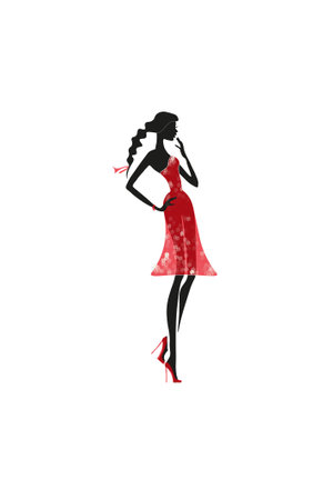 graceful female silhouette of black color in a bright dress decorated with flowers, on a white background, can become an ornament of postcards, fabrics, prints, designs and posters, creative templateの写真素材