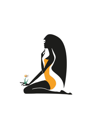 Graceful sitting silhouette of a girl of black color, on a white background, ideal for greeting cards, invitations, fabrics, prints, drawings and posters, creative templateの写真素材
